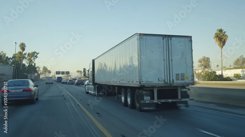 A truck drives on a busy highway with palm trees in the background.