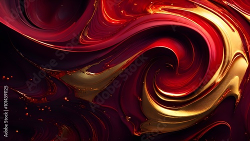 Abstract crimson and gold fluid swirl pattern in a vibrant luxury texture. AI generative.