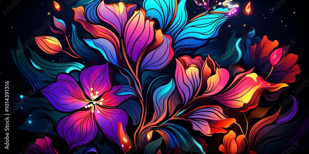 A Tapestry of Vibrant Hues Intertwined with Delicate Floral Forms, Illuminating the Darkness with a Spectrum of Color A Tapestry of Vibrant Hues Intertwined with Delicate Floral Forms, Illuminating the Darkness with a Spectrum of Color