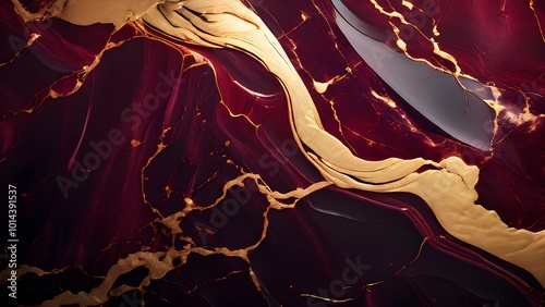 Rich gold and burgundy marble texture with delicate flowing lines in a luxury pattern. AI generative.