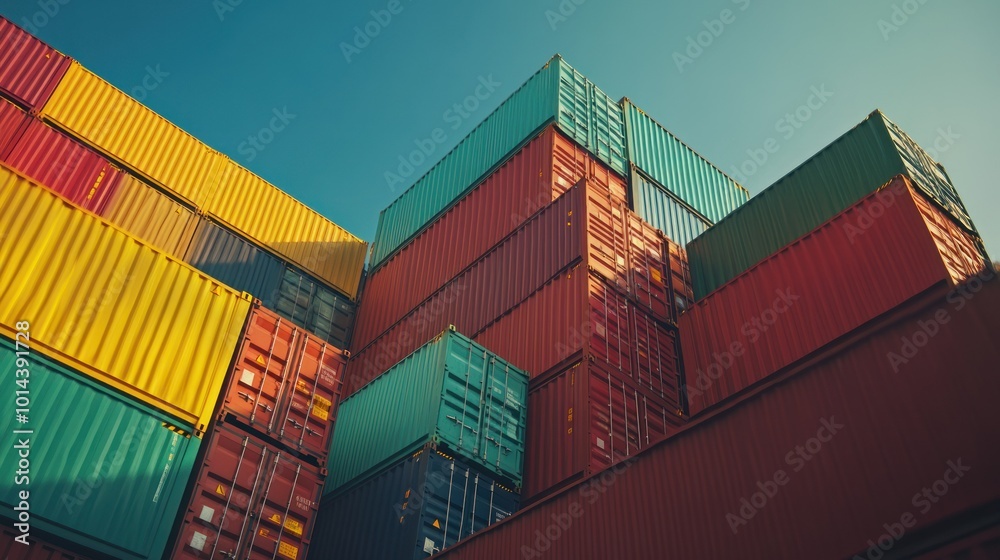 Fototapeta premium Stacked shipping containers in vibrant colors against a clear blue sky.