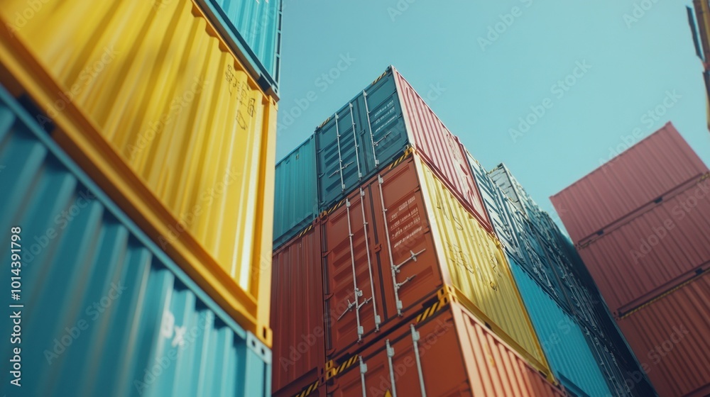 Fototapeta premium Stacked shipping containers in vibrant colors against a clear blue sky.
