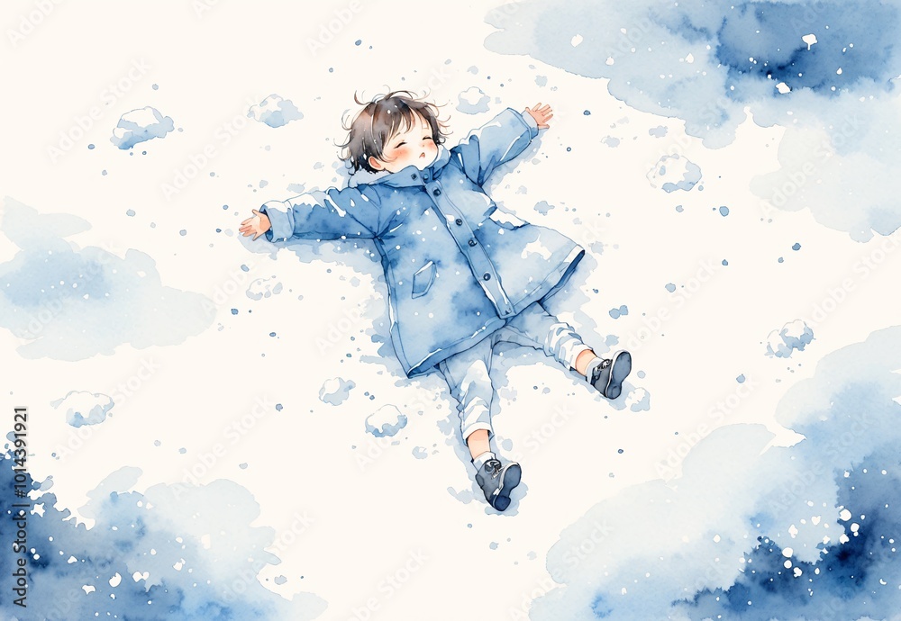 A kid sleeping on soft snow in winter A kid sleeping on soft snow in winter