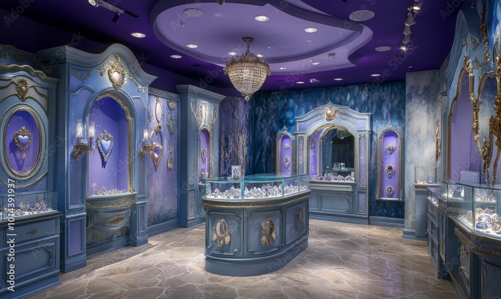Ornate jewelry store with purple accents. Ornate jewelry store with purple accents.