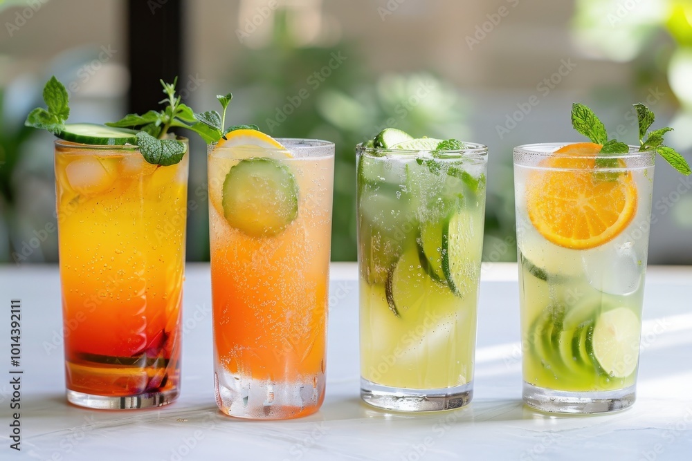 Fototapeta premium Three glasses of different colored drinks with fresh fruit garnish, generative ai image