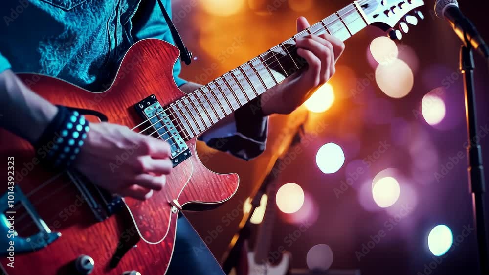 A musician plays an electric guitar on stage during a live performance