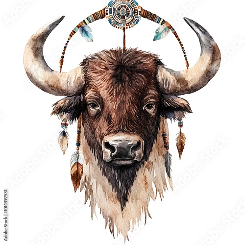 Watercolor illustration of a bison head with tribal feathers and dreamcatcher. photo