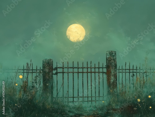 The old rusty gates of the graveyard creaked open, allowing the fog to roll in as the moon cast a haunting glow in the background.