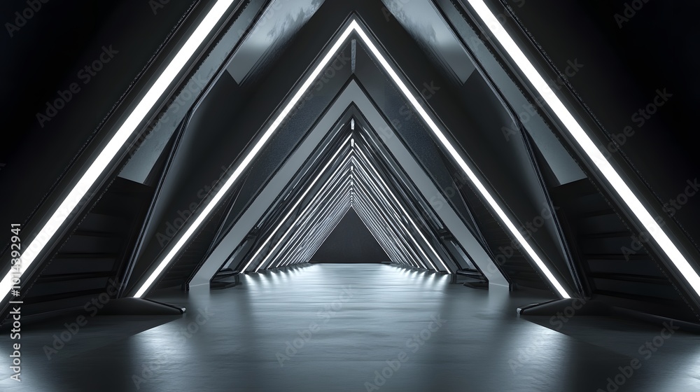 Obraz premium Abstract Triangle Spaceship corridor. Futuristic tunnel with light. Future interior background, business, sci-fi science concept. 3d rendering. 