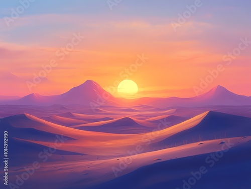 Vibrant sunset over a purple and orange desert landscape with rolling hills.