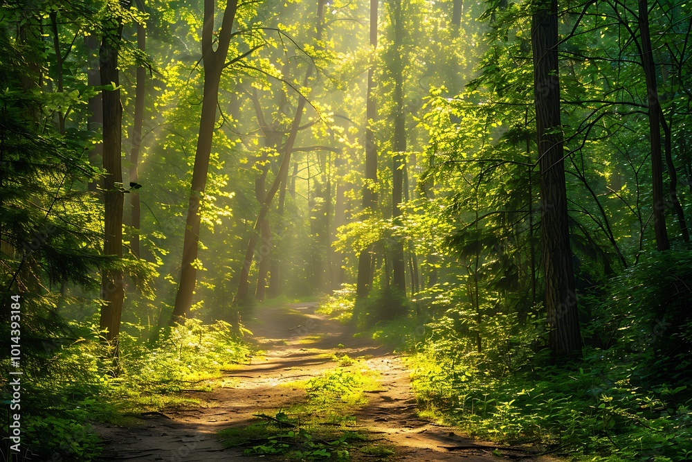 Obraz premium Morning in the green forest. Sun rays through the branches of trees