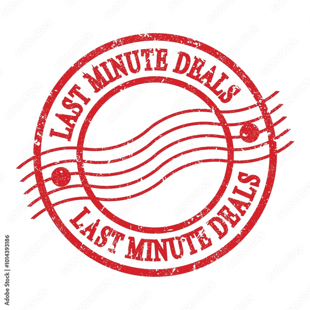 LAST MINUTE DEALS, text written on red postal stamp. LAST MINUTE DEALS, text written on red postal stamp.