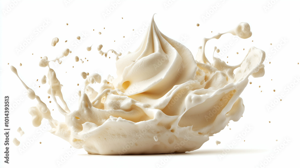 A burst of whipped cream creates a dramatic splash against a clean white background. The creamy texture and smooth peaks are captured mid-motion, showcasing the dynamic movement of the cream. A burst of whipped cream creates a dramatic splash against a clean white background. The creamy texture and smooth peaks are captured mid-motion, showcasing the dynamic movement of the cream.
