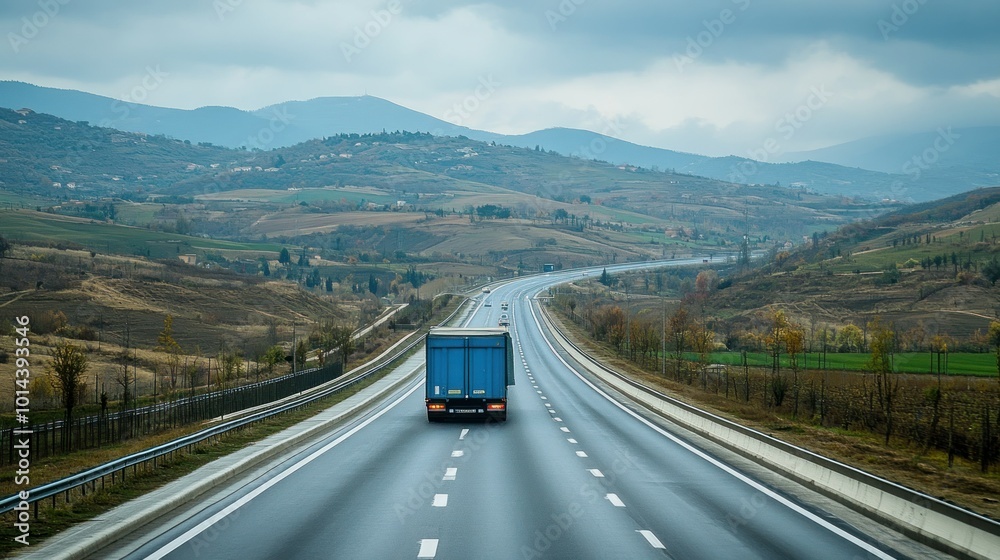 A blue truck driving on a highway through a scenic mountainous landscape. A blue truck driving on a highway through a scenic mountainous landscape.