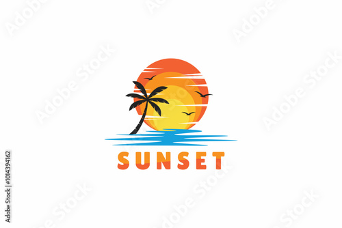 Logo Sunset Beach with Silhouette Palm Tree Abstract Illustration
