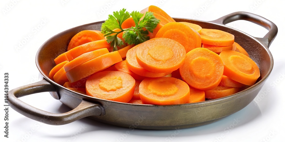 Bright, fresh carrot slices isolated on a white background, symbolizing healthy eating, making it ideal for cooking Bright, fresh carrot slices isolated on a white background, symbolizing healthy eating, making it ideal for cooking