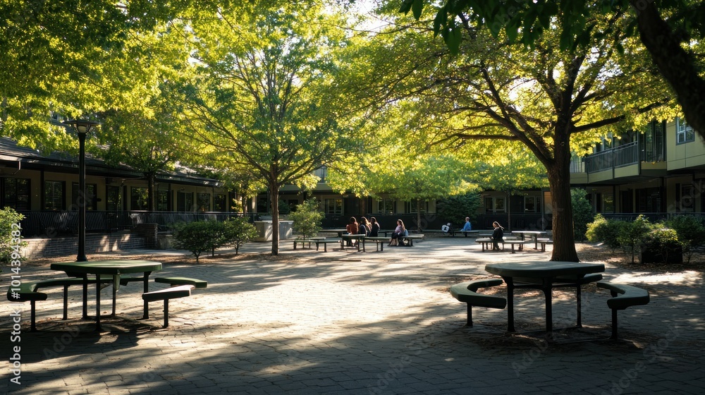 A serene outdoor space with trees and benches, ideal for relaxation and socializing. A serene outdoor space with trees and benches, ideal for relaxation and socializing.