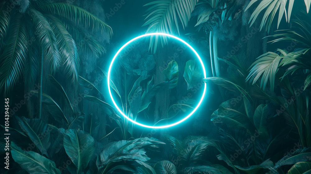 Tropical Plants Illuminated with White Fluorescent Light. Jungle Environment with Circle shaped Neon Frame.
Tropical Plants Illuminated with White Fluorescent Light. Jungle Environment with Circle shaped Neon Frame.