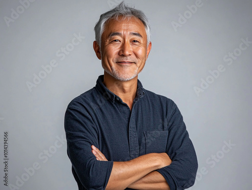 Asian handsome man wearing navy blue formal