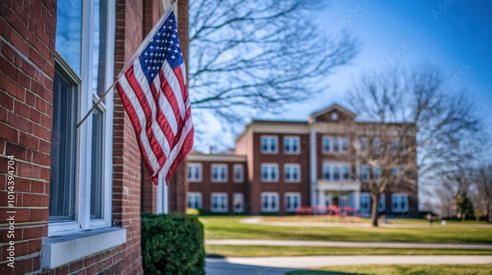 A brick building with an American flag in the foreground and a school in the background. A brick building with an American flag in the foreground and a school in the background.