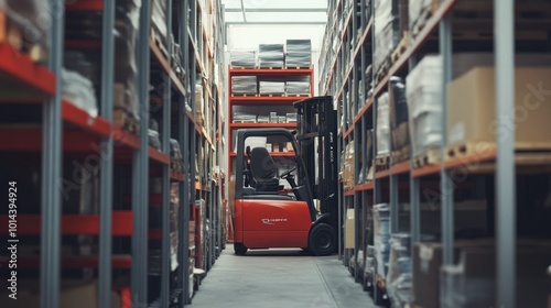 A forklift navigating through a warehouse aisle filled with stacked boxes.