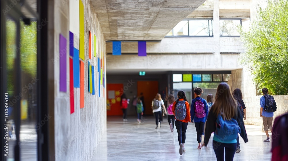 Fototapeta premium A school hallway with students walking and colorful paper decorations on the walls.