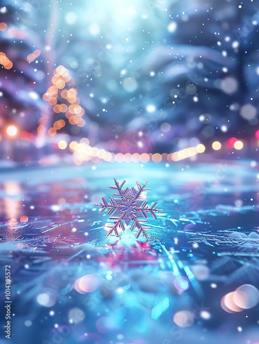 A beautiful snowflake, captured in all its intricate detail, rests on a frozen lake. The soft glow of distant lights adds a touch of warmth to the scene.