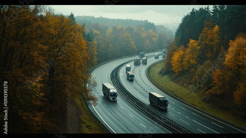 A winding highway with trucks surrounded by autumn foliage and misty mountains. photo