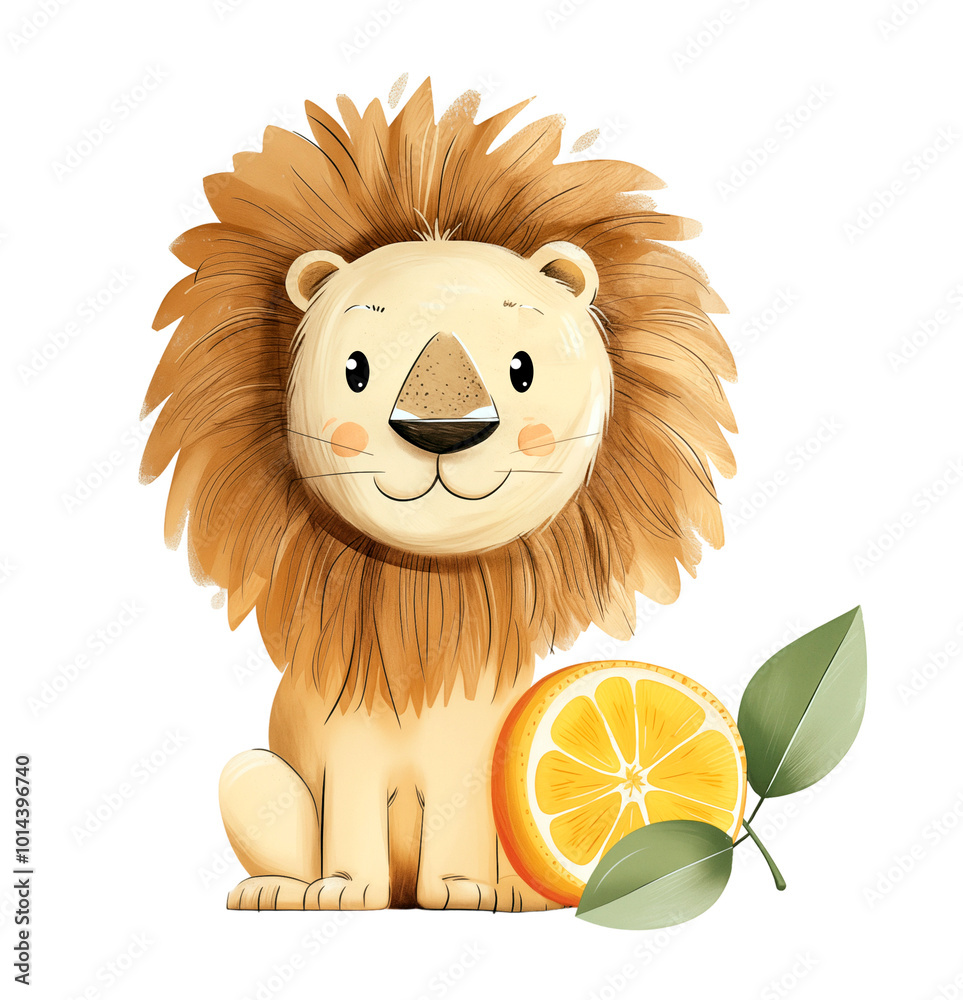 Illustration of a cute lion with lemon for the design Illustration of a cute lion with lemon for the design