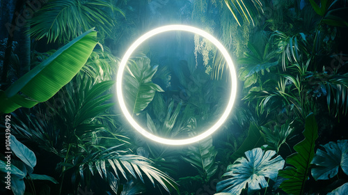 Tropical Plants Illuminated with White Fluorescent Light. Jungle Environment with Circle shaped Neon Frame. 