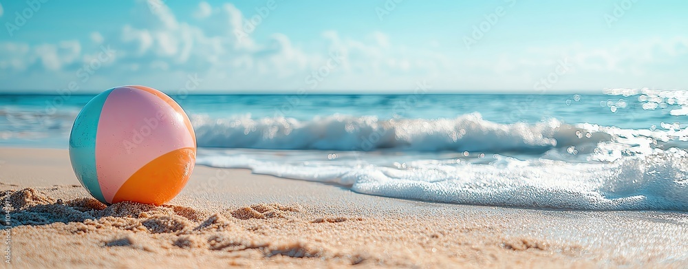 Obraz premium tropical summer relax pastel background Colorful beach ball on sandy shore.