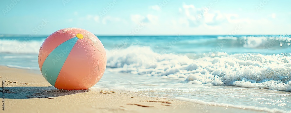 Obraz premium tropical summer relax pastel background Beach ball on sandy shore, sunny day