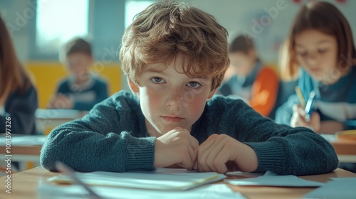 A focused boy in a classroom setting, appearing contemplative during an exam or task.