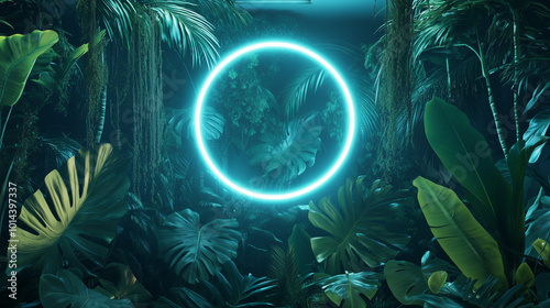 Tropical Plants Illuminated with White Fluorescent Light. Jungle Environment with Circle shaped Neon Frame. 