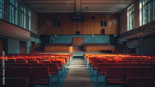 Wallpaper Mural A spacious auditorium with red chairs and wooden accents, ready for an event or presentation. Torontodigital.ca