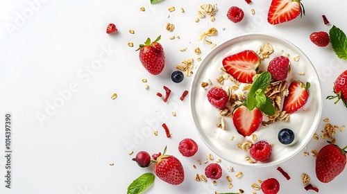 From above delicious homemade yogurt with strawberries