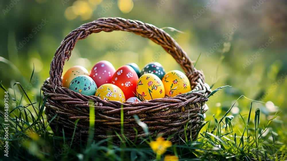 A wicker basket filled with colorful Easter eggs sits in a grassy field A wicker basket filled with colorful Easter eggs sits in a grassy field