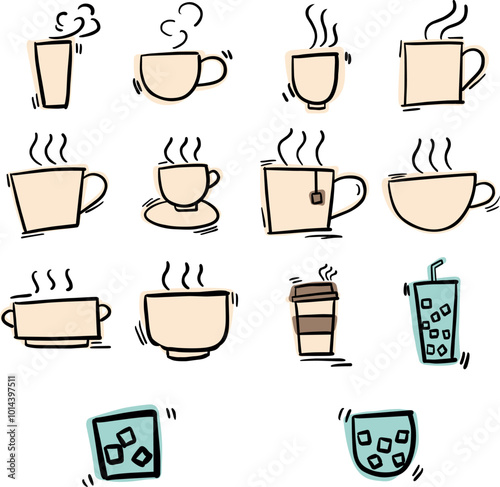 Abstract hand drawing cup of hot and cold drinks for decoration on cafe, drinks and restaurant.