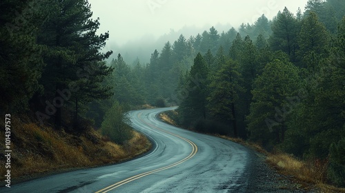 Winding asphalt road through a foggy forest, with yellow lines down the center.