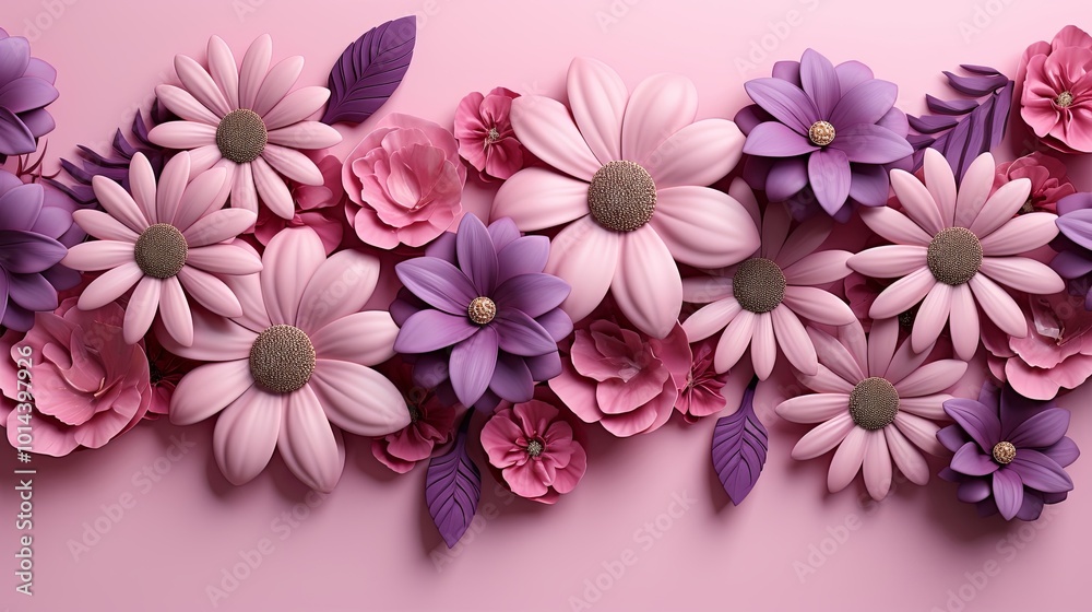 A delicate arrangement of pink and purple blossoms, showcasing the intricate details of each flower, resting on a soft pink background. A delicate arrangement of pink and purple blossoms, showcasing the intricate details of each flower, resting on a soft pink background.