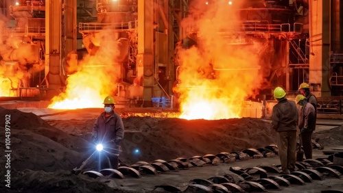 Workers in a steel mill surrounded by molten metal and industrial machinery.