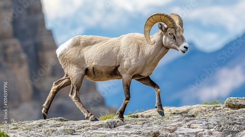 A bighorn sheep walking along rocky terrain with mountains in the background.