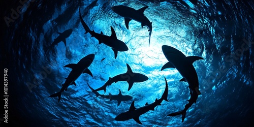 A school of sharks silhouetted against a blue underwater background. photo