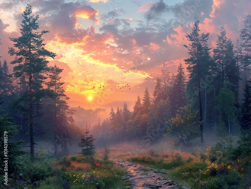 Stunning Sunset Over a Foggy Forest Path