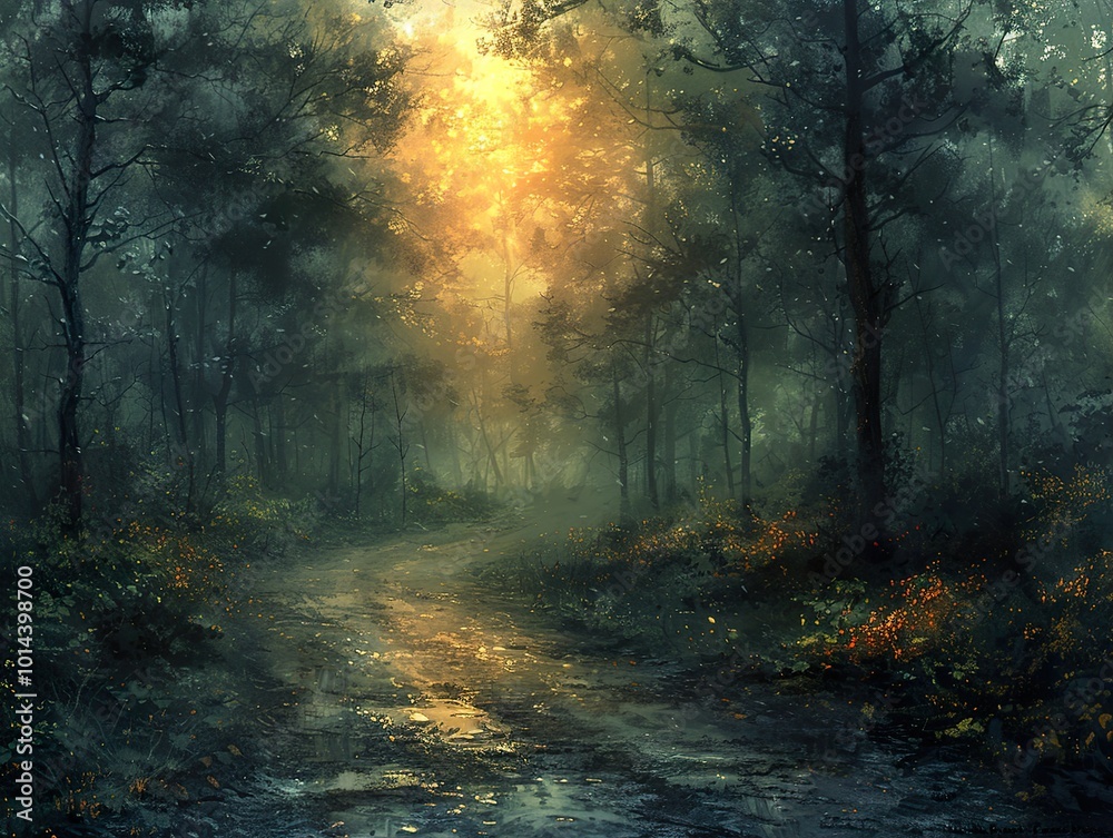 Enchanted Forest Path with Golden Sunlight Enchanted Forest Path with Golden Sunlight