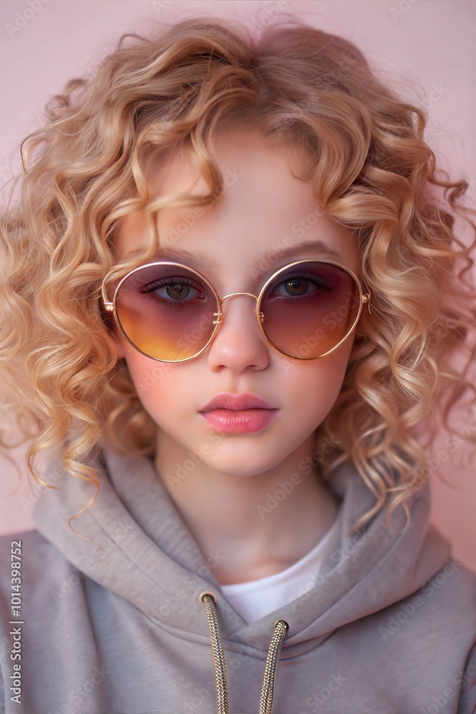 A young girl with beautiful, voluminous curly hair sports oversized sunglasses and a casual hoodie, striking a confident pose indoors with soft lighting. Generative AI A young girl with beautiful, voluminous curly hair sports oversized sunglasses and a casual hoodie, striking a confident pose indoors with soft lighting. Generative AI