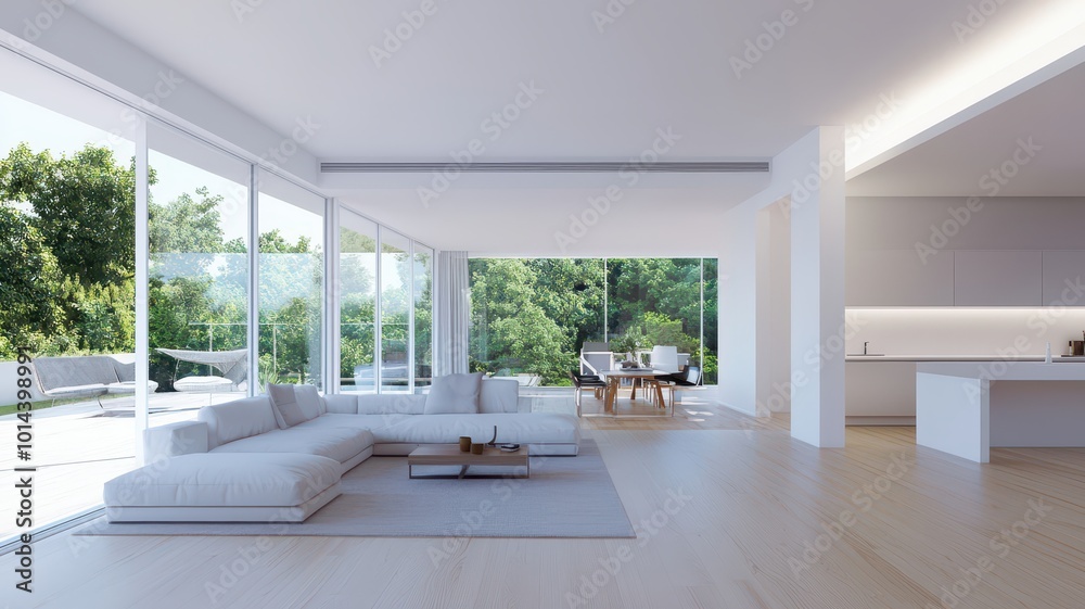 Fototapeta premium A bright, modern living room with large windows, minimalist decor, a comfortable sofa, and an inviting atmosphere connecting indoor and outdoor spaces.