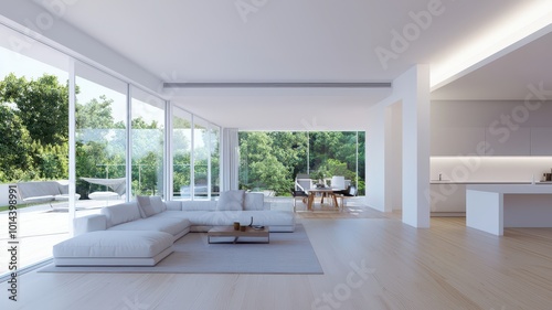 A bright, modern living room with large windows, minimalist decor, a comfortable sofa, and an inviting atmosphere connecting indoor and outdoor spaces.