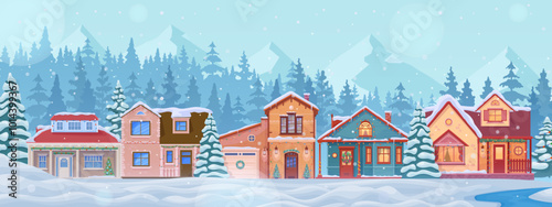 Snowy winter town landscape with houses and snow on roof for winter holiday, cartoon vector background. Christmas home facades or house exteriors with wreath decoration on door and fir trees in snow