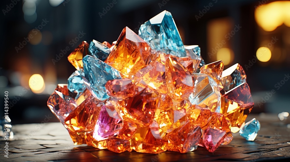A cluster of brilliant, multifaceted crystals, their surfaces shimmering with internal reflections, catching the light from an unseen source, creating a dazzling display of color and texture. A cluster of brilliant, multifaceted crystals, their surfaces shimmering with internal reflections, catching the light from an unseen source, creating a dazzling display of color and texture.